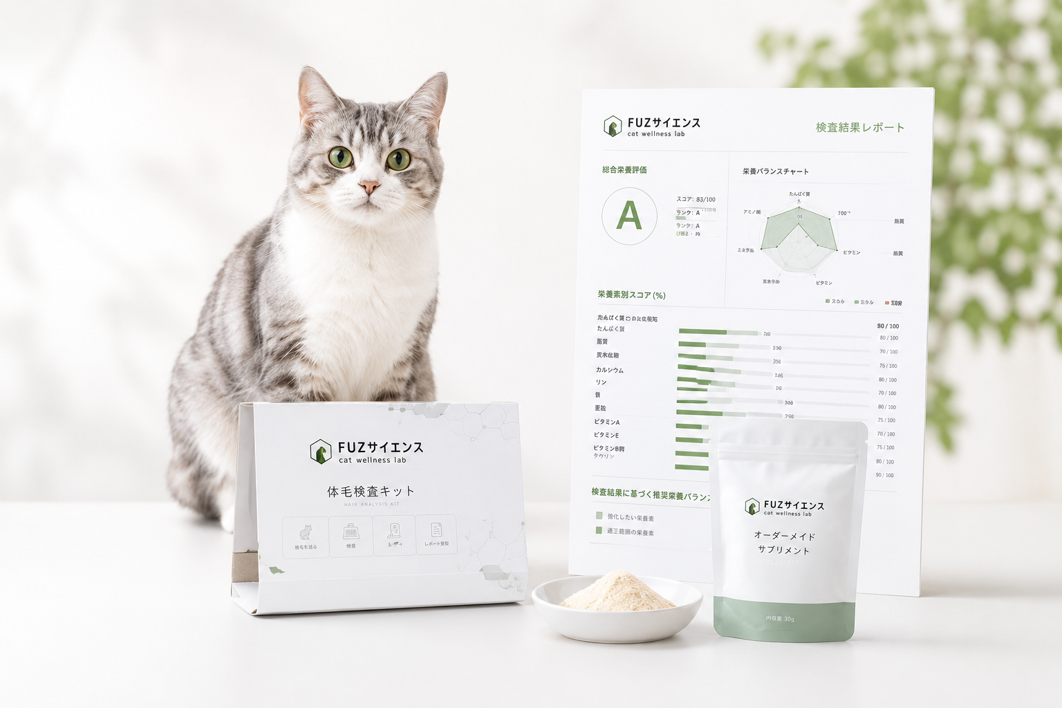 猫、体毛検査キット、検査結果レポート、オーダーメイドサプリのイメージ